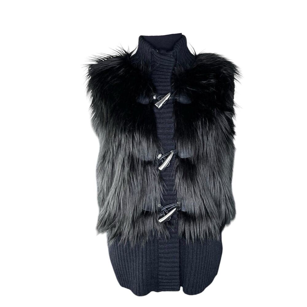 Michael Kors Mob Wife‎ Faux Fur Sweater Vest Women Sz Lg Black Wool Blend EUC